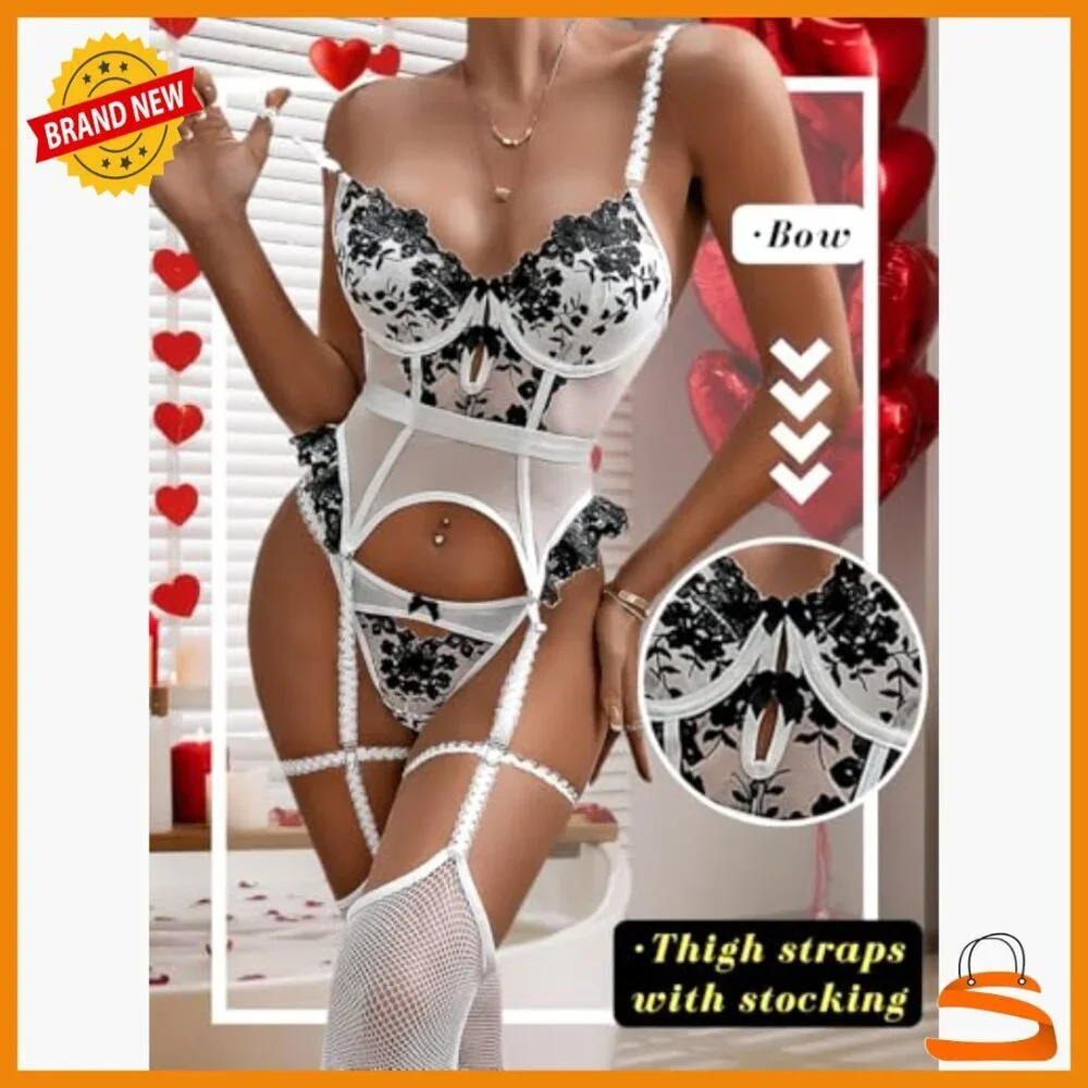 Large Lace Lingerie Set with Garter Stockings, Adjustable Straps, Underwire